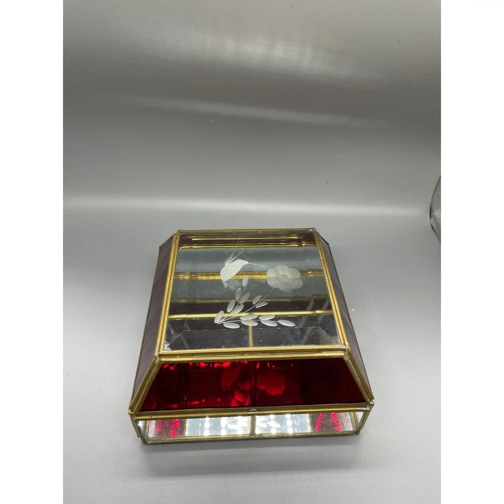 Vintage Red Stained Glass Brass Jewelry Box Etched‎ Hummingbird Floral Mirror